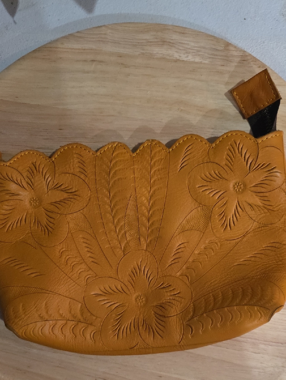 Leaders In Leather Tooled Floral Leather Clutch in Mustard/makeup bag